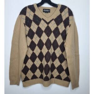 Eddie Bauer lambswool brown argyle long sleeve v-neck sweater - large